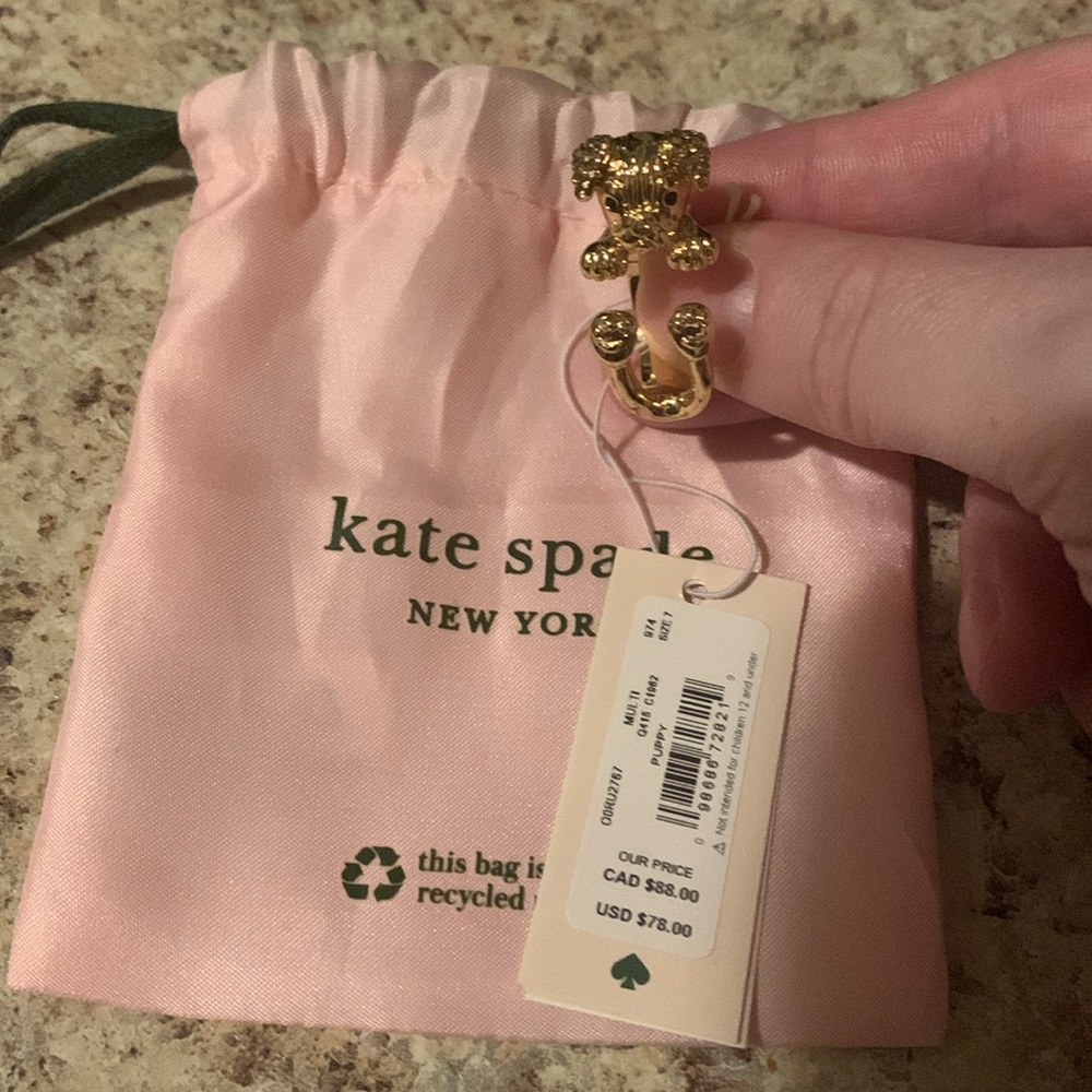 NWT Kate Spade Gold Crystal Puppy Wrap Ring Size 7 #7 NEW - Picture 14 of 15